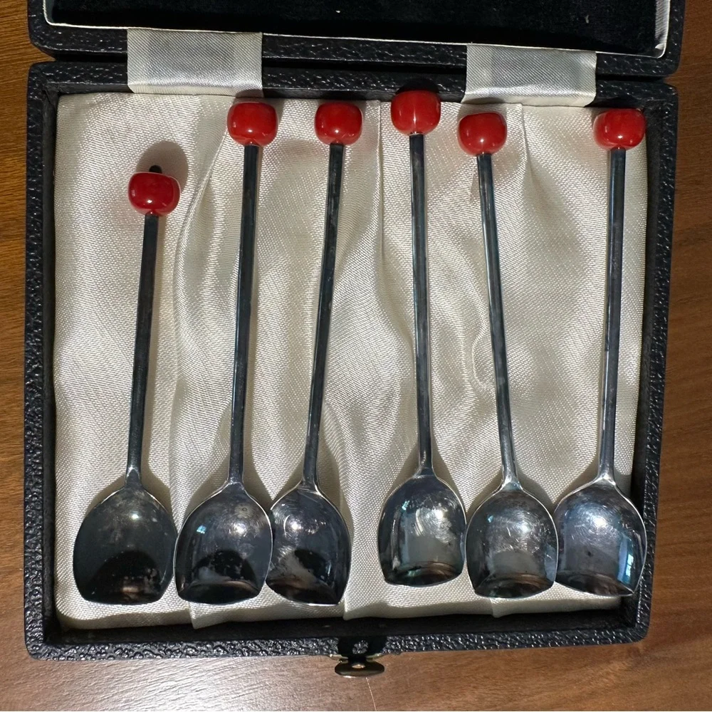 Barware 1930s Art Deco Bakelite Cherry Tipped English EPNS Muddlers ~ Boxed Set